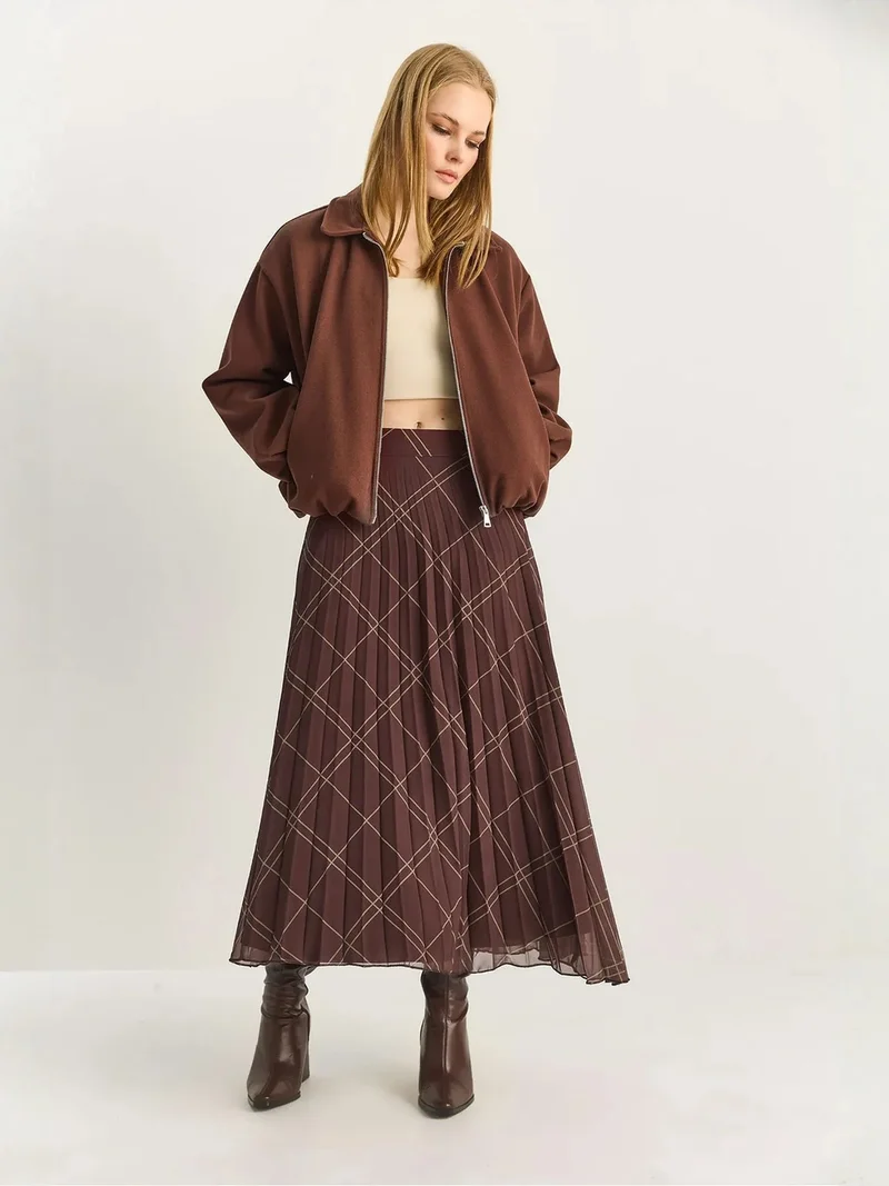 Bianco Lucci Brown LUCCI High Waist Plaid Maxi Skirt for Women | Best Price UAE