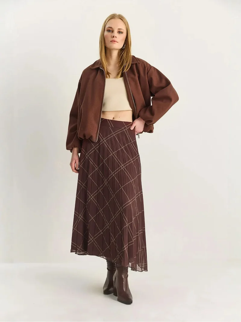 Bianco Lucci Brown LUCCI High Waist Plaid Maxi Skirt for Women | Best Price UAE