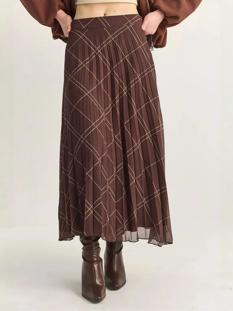 Bianco Lucci Brown LUCCI High Waist Plaid Maxi Skirt for Women | Best Price UAE