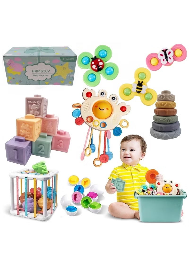 XiuWoo Baby-Safe 6-in-1 Montessori Toy Set - Sensory Stacking Blocks with Teether & Suction Cup, BPA-Free Bath & Learning Toys for Infants 1-3 Years Old - Image 1