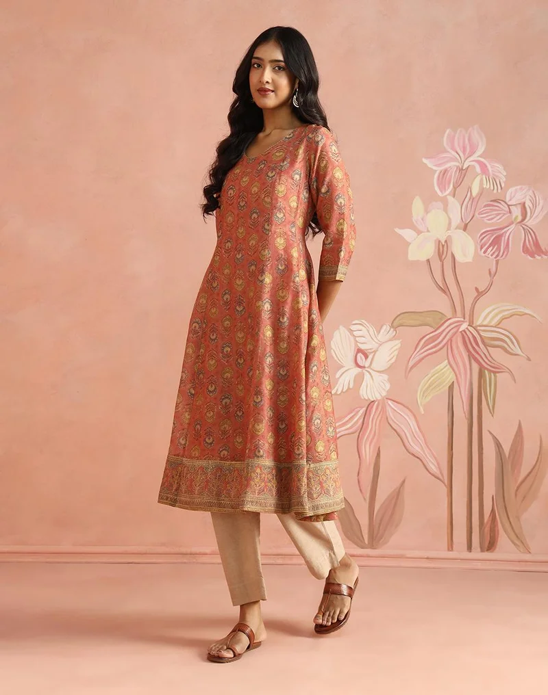 Fabindia  Pink Cotton Silk Hand Block Printed Long Kurta for Women | Best Price UAE