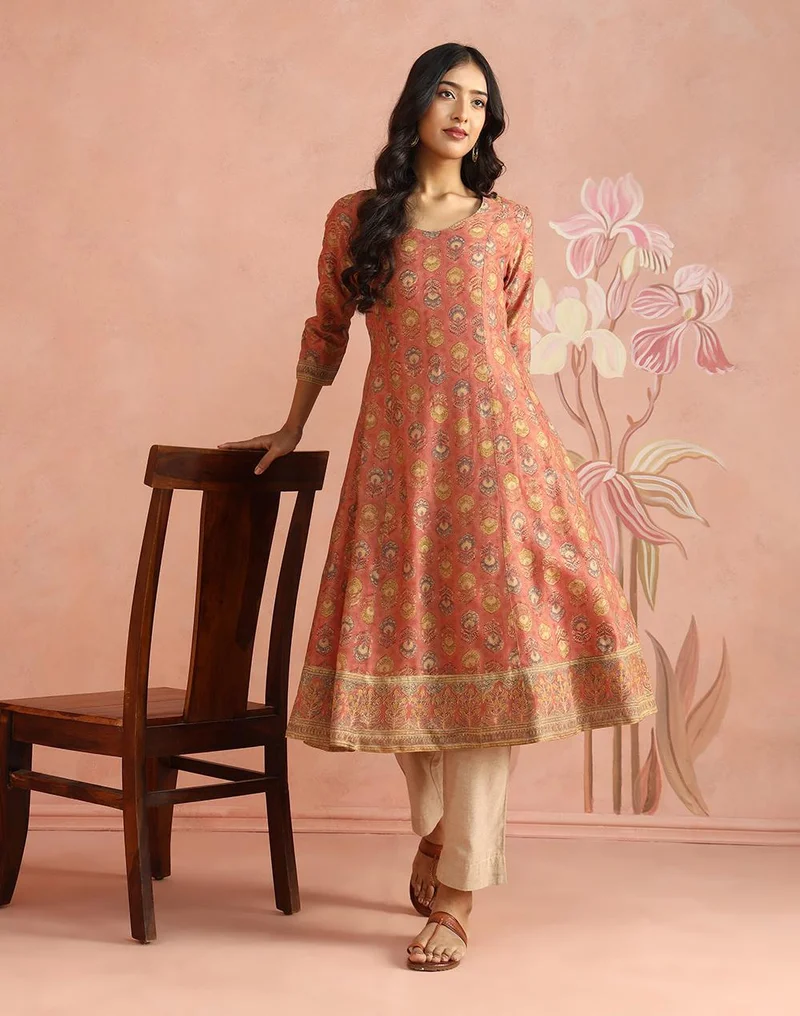 Pink Cotton Silk Hand Block Printed Long Kurta