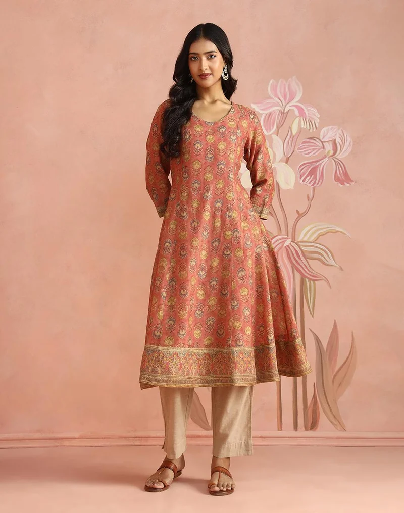 Fabindia  Pink Cotton Silk Hand Block Printed Long Kurta for Women | Best Price UAE