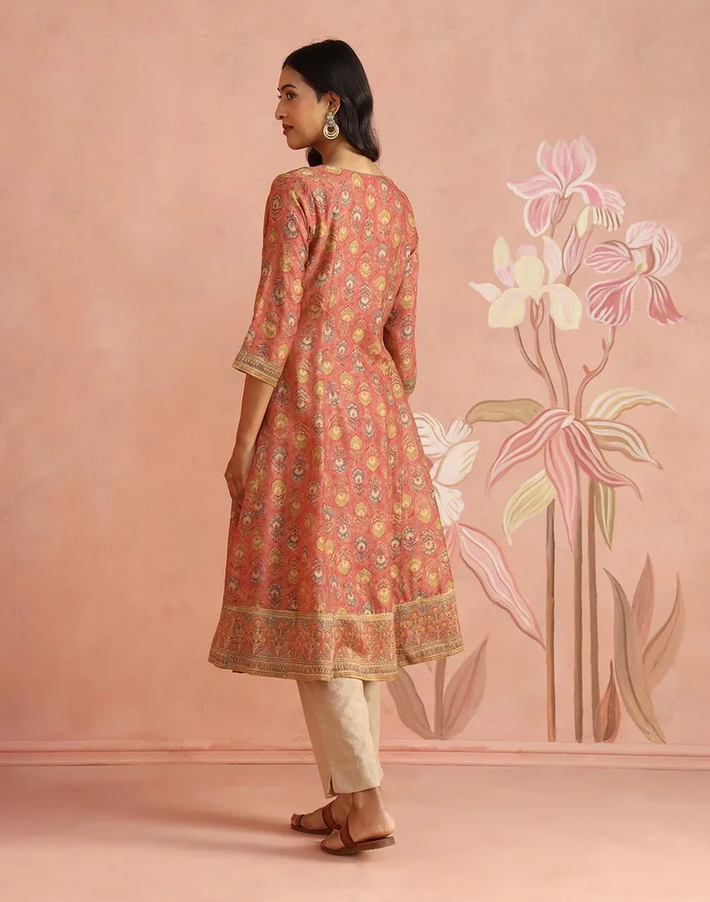 Fabindia  Pink Cotton Silk Hand Block Printed Long Kurta for Women | Best Price UAE