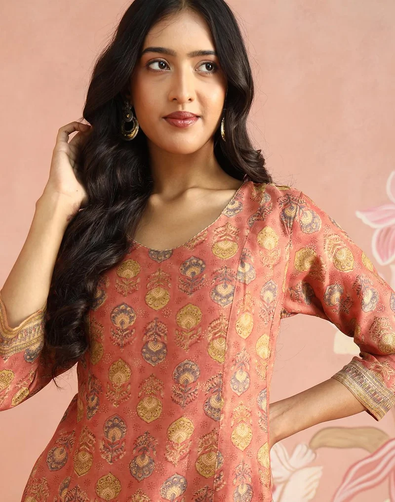 Fabindia  Pink Cotton Silk Hand Block Printed Long Kurta for Women | Best Price UAE