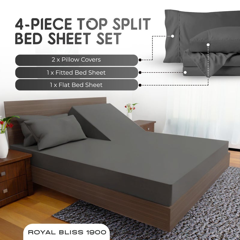 Royal Bliss 1900 Royal Bliss 1900 - Split Top California King - 4 Pcs Set - Cal King Split Top Deep Pocket Sheet Set - Split Top California King Sheets Sets for Adjustable Bed - Double Brushed Microfiber (Dark Grey)  - Image 4