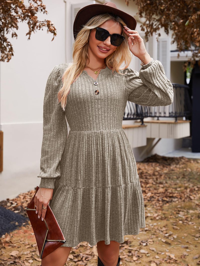 UEAL Womens Fall Dresses Casual Cute Long Sleeve Fit and Flare V Neck Winter Dress Small Khaki - Image 3
