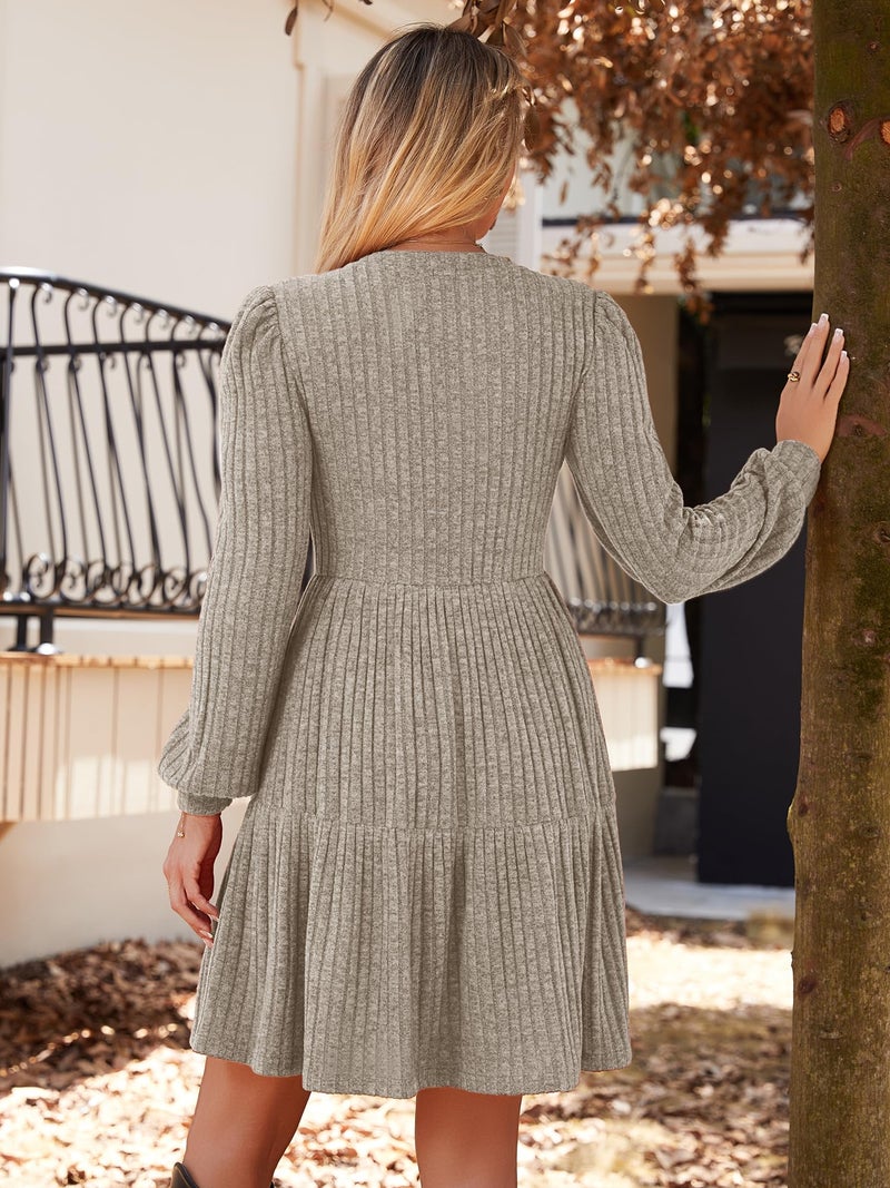 UEAL Womens Fall Dresses Casual Cute Long Sleeve Fit and Flare V Neck Winter Dress Small Khaki - Image 5