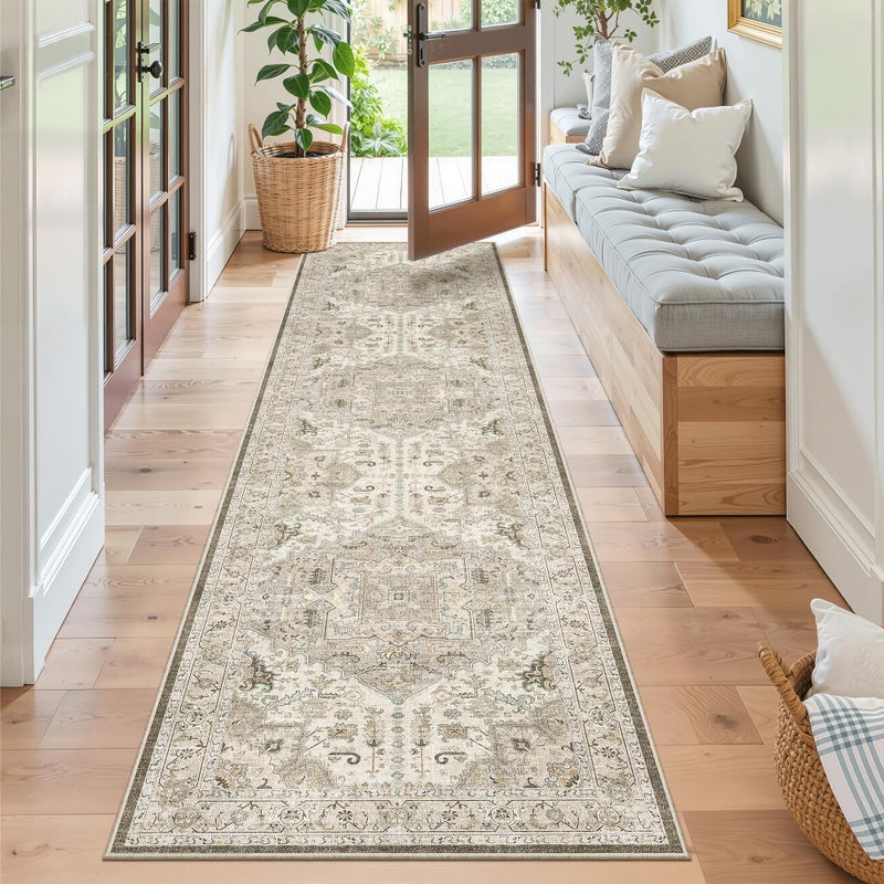 Madane Washable Runner Rug - 2x8 Runners for Hallways Kitchen Non-Slip Runner Rugs Ultra-Thin Laundry Room Rug Throw Carpet Runner for Entrance Living Dinning Room Foyer (Ivory/Brown, 2 x 8) - Image 4