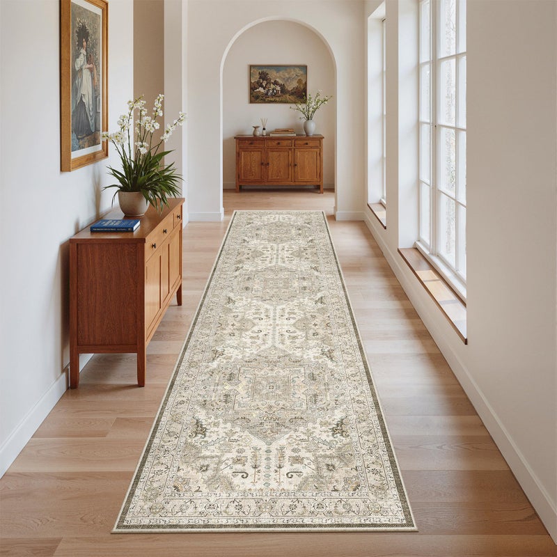 Madane Washable Runner Rug - 2x8 Runners for Hallways Kitchen Non-Slip Runner Rugs Ultra-Thin Laundry Room Rug Throw Carpet Runner for Entrance Living Dinning Room Foyer (Ivory/Brown, 2 x 8) - Image 2