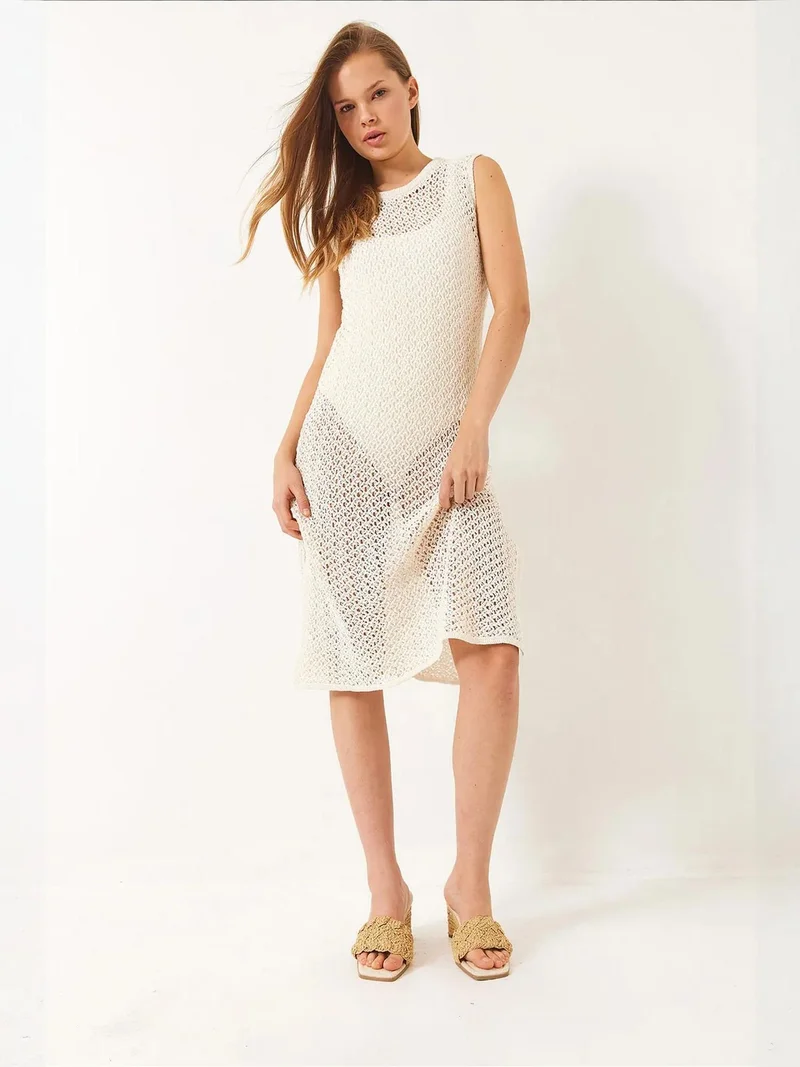 Bianco Lucci Beige Natural LUCCI Lace Knitted Midi Cover-Up with Slit for Women | Best Price UAE