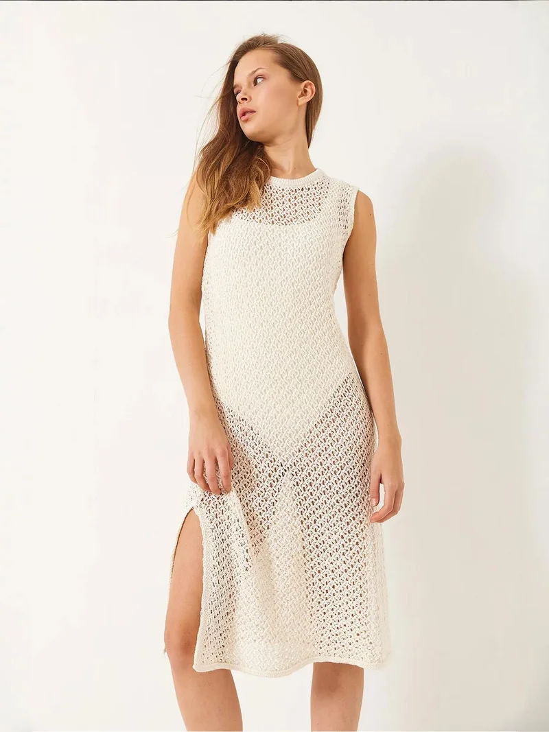 Bianco Lucci Beige Natural LUCCI Lace Knitted Midi Cover-Up with Slit for Women | Best Price UAE