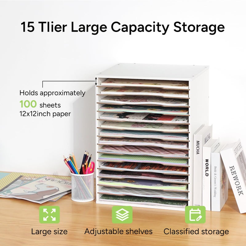 Caydo 15 Slot Paper Organizer Storage, Wood Adjustable Shelves Paper Storage Shelf with Extraction Slot for 12x12Inch Scrapbooks, Heat Transfer Papers, Files, Vinyl for Office, Home (White) - Image 2