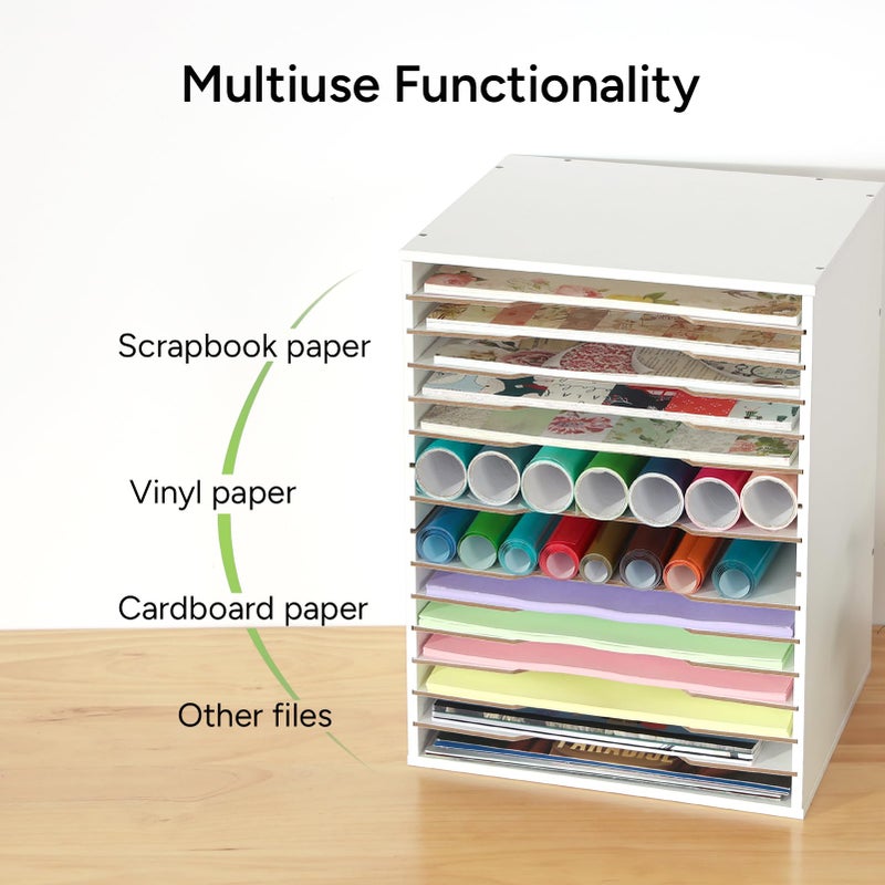 Caydo 15 Slot Paper Organizer Storage, Wood Adjustable Shelves Paper Storage Shelf with Extraction Slot for 12x12Inch Scrapbooks, Heat Transfer Papers, Files, Vinyl for Office, Home (White) - Image 4