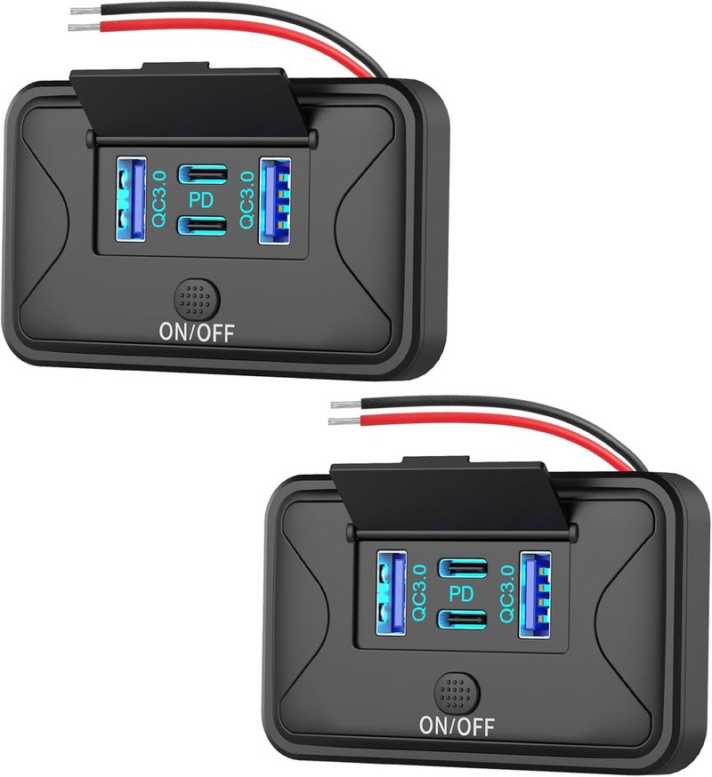 Hapytrip عبوة من منفذ USB 12 فولت 4 منافذ بقدرة 78 واط مثبت على الحائط، مع منفذي PD بقدرة 36 واط ومنفذي QC3.0 بقدرة 18 واط، لوحة مقبس شحن خفيفة الوزن مثبتة على السطح مع مفتاح زر للحافلات والمركبات الترفيهية والشاحنات والقوارب البحرية وعربات الغولف - Image 1