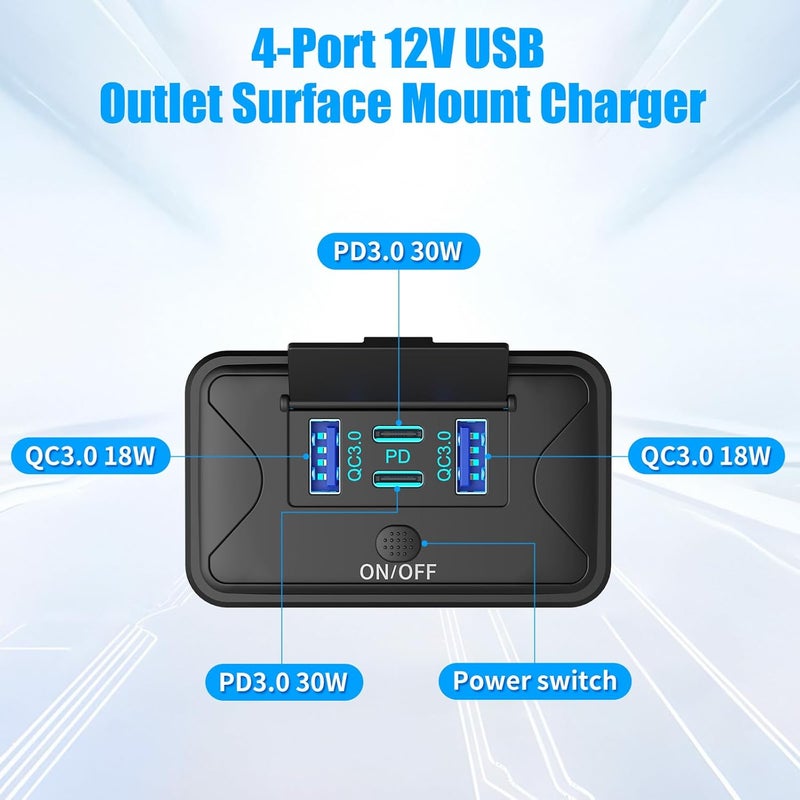 Hapytrip عبوة من منفذ USB 12 فولت 4 منافذ بقدرة 78 واط مثبت على الحائط، مع منفذي PD بقدرة 36 واط ومنفذي QC3.0 بقدرة 18 واط، لوحة مقبس شحن خفيفة الوزن مثبتة على السطح مع مفتاح زر للحافلات والمركبات الترفيهية والشاحنات والقوارب البحرية وعربات الغولف - Image 2