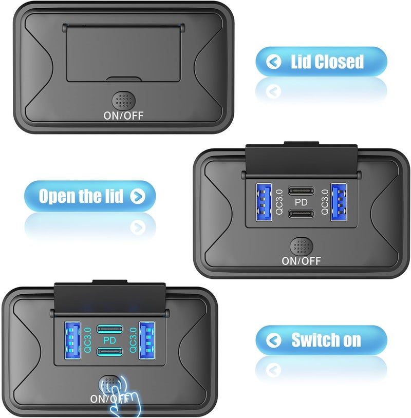 Hapytrip عبوة من منفذ USB 12 فولت 4 منافذ بقدرة 78 واط مثبت على الحائط، مع منفذي PD بقدرة 36 واط ومنفذي QC3.0 بقدرة 18 واط، لوحة مقبس شحن خفيفة الوزن مثبتة على السطح مع مفتاح زر للحافلات والمركبات الترفيهية والشاحنات والقوارب البحرية وعربات الغولف - Image 4