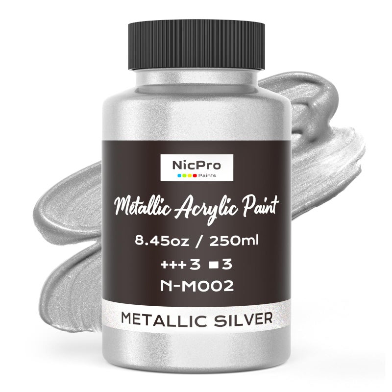 Nicpro Metallic Silver Acrylic Paint, 8.45oz/250ml Silver Leaf Paint, Non Toxic, Non Fading Art Craft Paints for Canvas, Wood, Clay, Fabric, Metal, Furniture, Art Supplies - Image 1