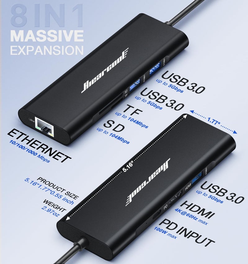 Hiearcool USB C Hub, USBC to 4K@60 Hz HDMI Adapter with 100W PD, 8-in-1 USB-C Dongle Multiport Dock Compatible for MacBook Dell Lenovo HP Laptops-Midnight Black - Image 5