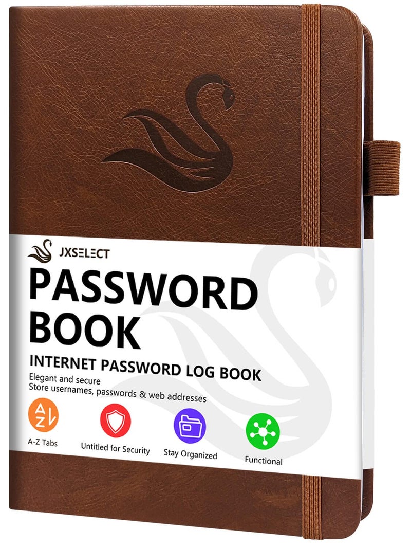 Jxselect Elegant Password Book with Alphabetical Tabs - Hardcover Password Book for Internet Website Address Login - 5.2" x 7.6" Password Keeper and Organizer w/Notes Section & Back Pocket(Brown) - Image 1