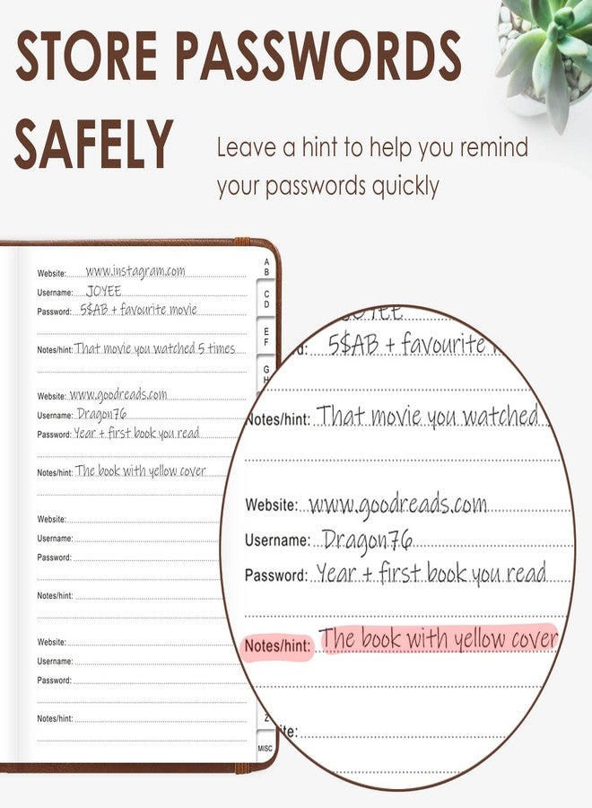 Jxselect Elegant Password Book with Alphabetical Tabs - Hardcover Password Book for Internet Website Address Login - 5.2" x 7.6" Password Keeper and Organizer w/Notes Section & Back Pocket(Brown) - Image 5