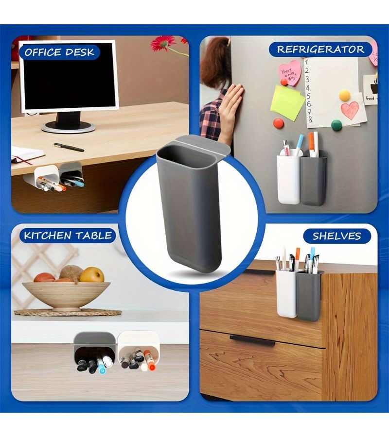 White PP Clip On Desk Pen Holders 2pcs Adhesive Office Organizer - Image 2