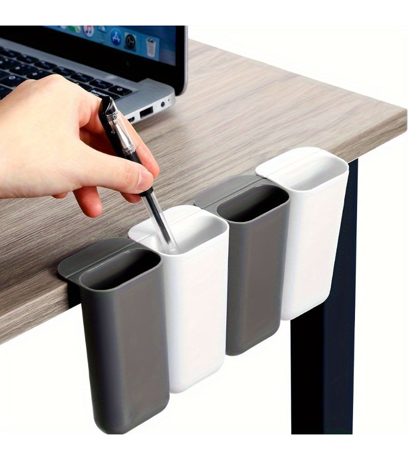White PP Clip On Desk Pen Holders 2pcs Adhesive Office Organizer - Image 1