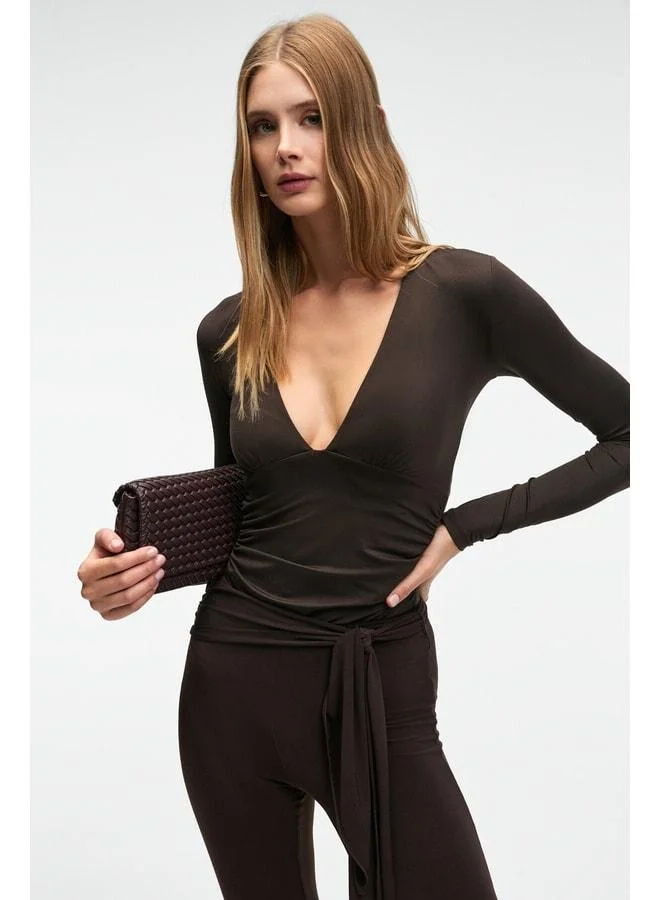 GRIMELANGE TEVRINE Women's Cross-Collared Flexible Fabric Long Sleeve Snap-Closure Slim Fit Dark Brown Blouse.