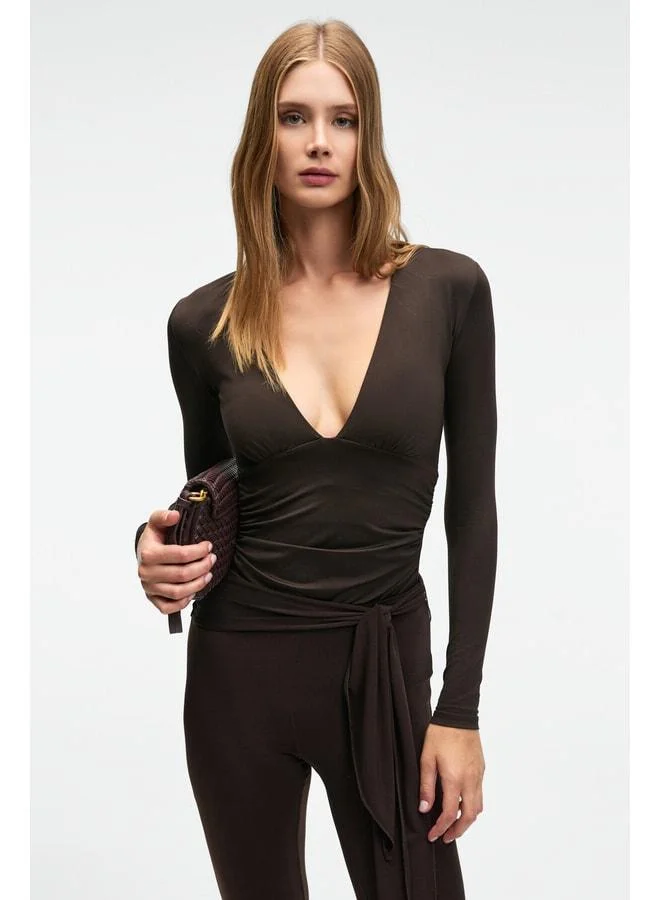 GRIMELANGE TEVRINE Women's Cross-Collared Flexible Fabric Long Sleeve Snap-Closure Slim Fit Dark Brown Blouse.