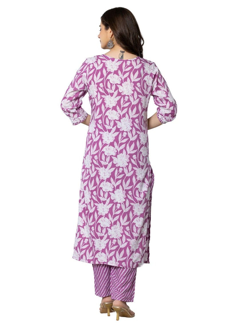 rytras Women's Pure Cotton Printed Straight Kurta Set with Palazzo Pants & Dupatta- Ethnic Wear, Purple(RYT587,S) - Image 2