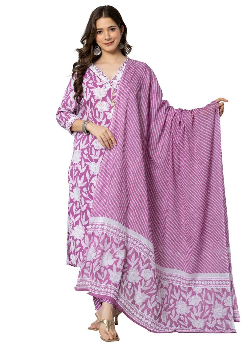 rytras Women's Pure Cotton Printed Straight Kurta Set with Palazzo Pants & Dupatta- Ethnic Wear, Purple(RYT587,S) - Image 3