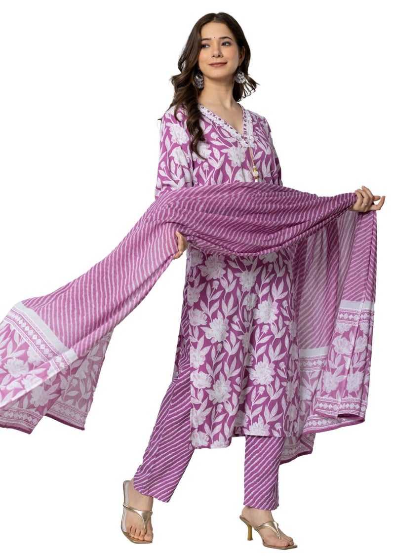 rytras Women's Pure Cotton Printed Straight Kurta Set with Palazzo Pants & Dupatta- Ethnic Wear, Purple(RYT587,S) - Image 4