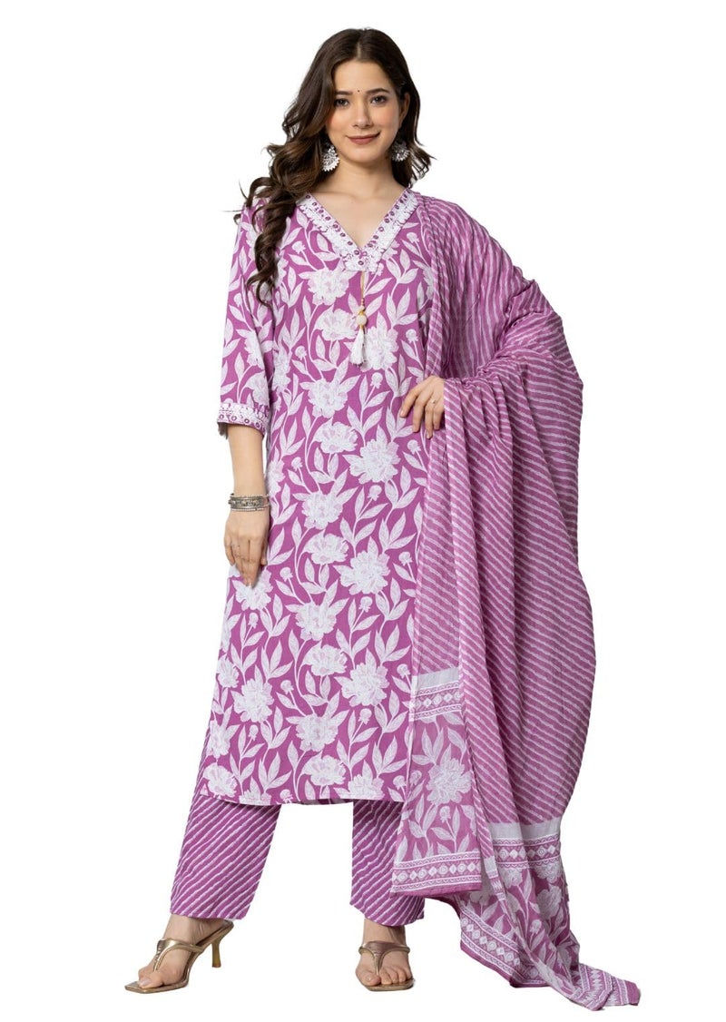 rytras Women's Pure Cotton Printed Straight Kurta Set with Palazzo Pants & Dupatta- Ethnic Wear, Purple(RYT587,S) - Image 1