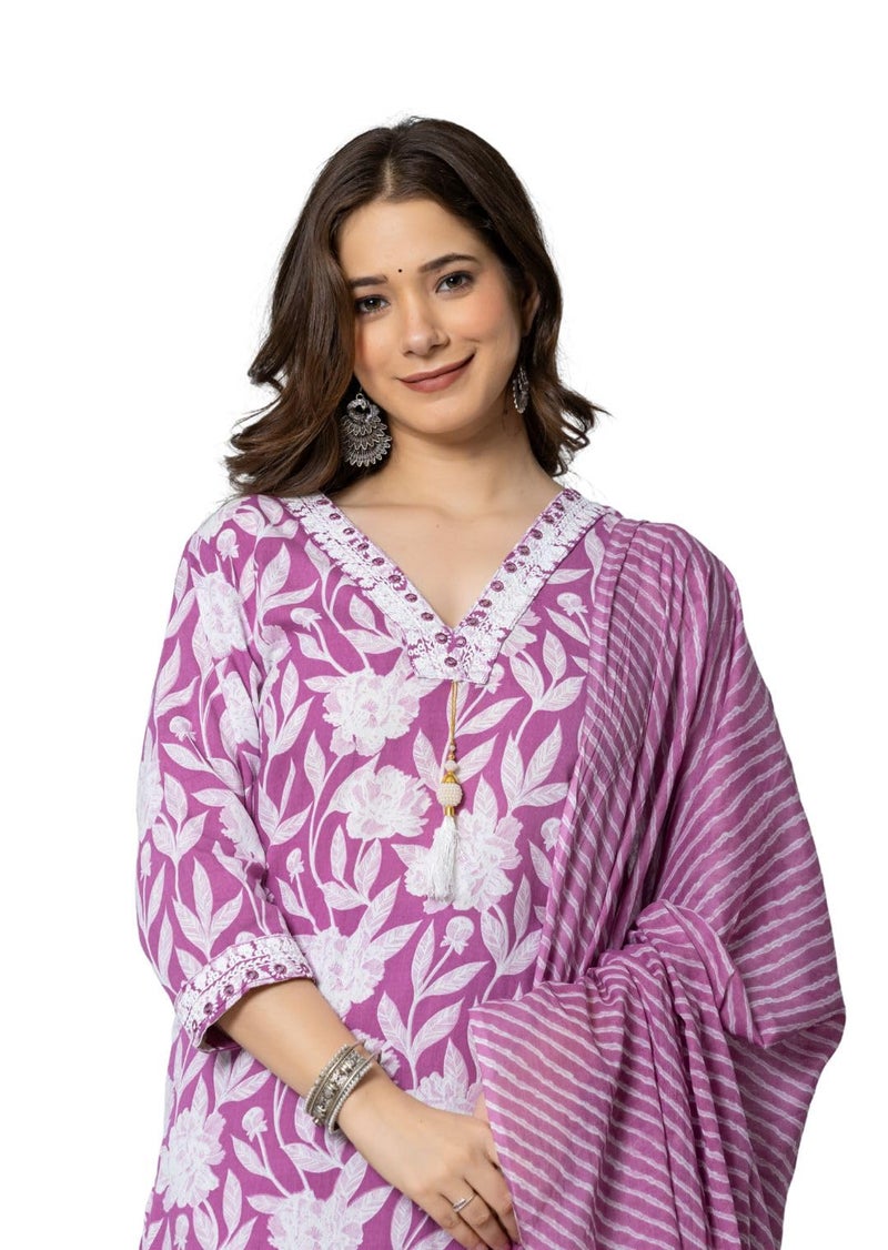 rytras Women's Pure Cotton Printed Straight Kurta Set with Palazzo Pants & Dupatta- Ethnic Wear, Purple(RYT587,S) - Image 5