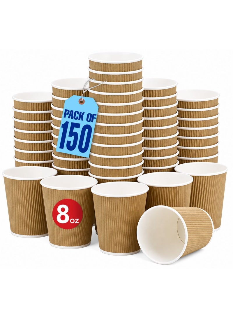 Brown Disposable Ripple Insulated Coffee Cups 8 Oz- Eco-Friendly Disposable Cups - Hot Beverage Corrugated Paper Cups - Sleeve Ripple Wall Paper Coffee Cups for Drink - Tea Cup(8 oz 150 Pcs) - Image 1