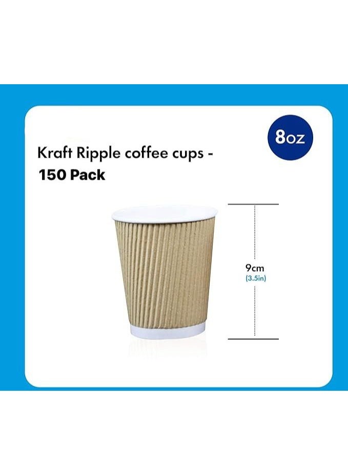 Brown Disposable Ripple Insulated Coffee Cups 8 Oz- Eco-Friendly Disposable Cups - Hot Beverage Corrugated Paper Cups - Sleeve Ripple Wall Paper Coffee Cups for Drink - Tea Cup(8 oz 150 Pcs) - Image 3