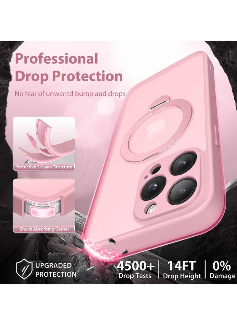 تونجيت جراب هاتف مغناطيسي لجهاز iPhone 14 Pro بتصميم حامل غير مرئي دوار بزاوية 360°، هيكل كامل مقاوم للصدمات والسقوط، جراب حماية شفاف عالي المتانة، متوافق تمامًا مع MagSafe، باللون الوردي.  - Image 5