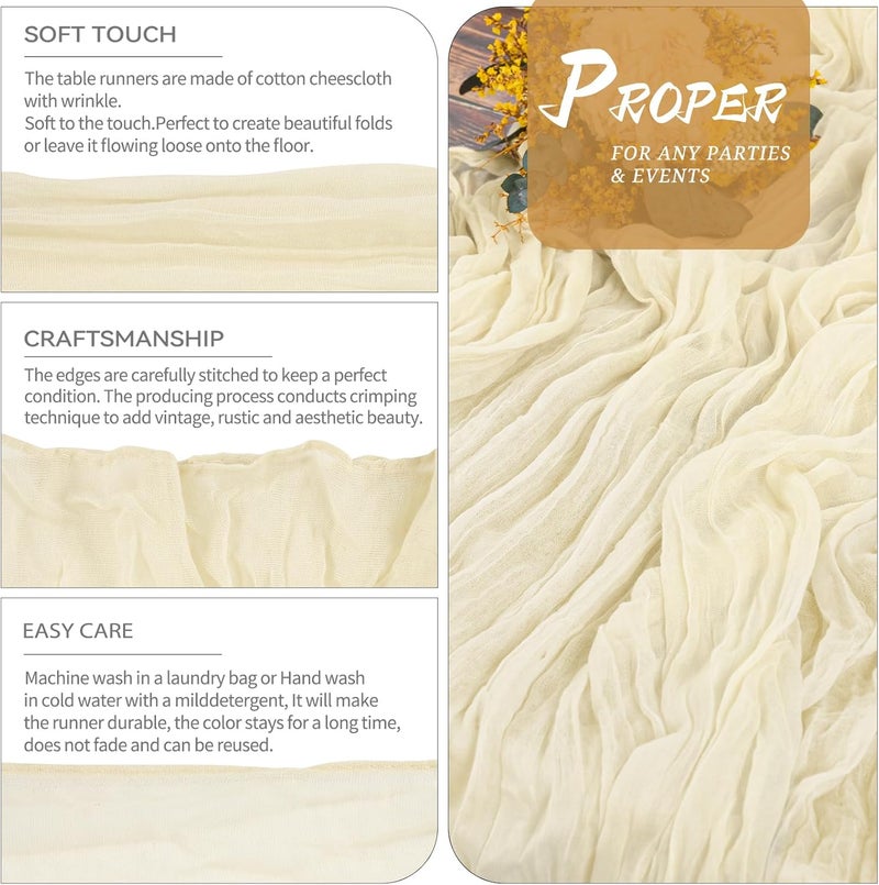 YMHPRIDE Pack of 6 Cheesecloth Table Runners Light Beige, 90 x 300 cm Ivory Rustic Gauze Fabric Boho Table Runner Cheesecloth Table Runner Wedding Tablecloth for Wedding Party Bridal Shower Table Decoration - Image 3