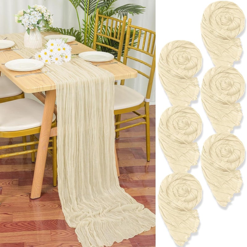 YMHPRIDE Pack of 6 Cheesecloth Table Runners Light Beige, 90 x 300 cm Ivory Rustic Gauze Fabric Boho Table Runner Cheesecloth Table Runner Wedding Tablecloth for Wedding Party Bridal Shower Table Decoration - Image 1