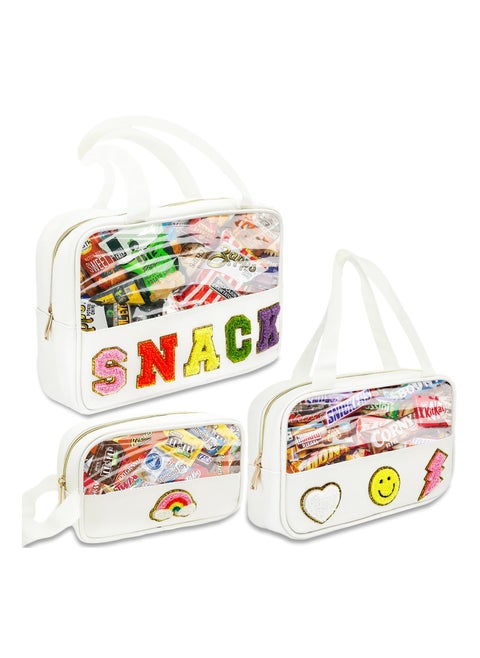 Chenille Patch Snack Bags, Clear Reusable Zipper Waterproof Storage Bags, Letter Patch Leather Snacks Organizer for Travel, School, Office, Airport White
