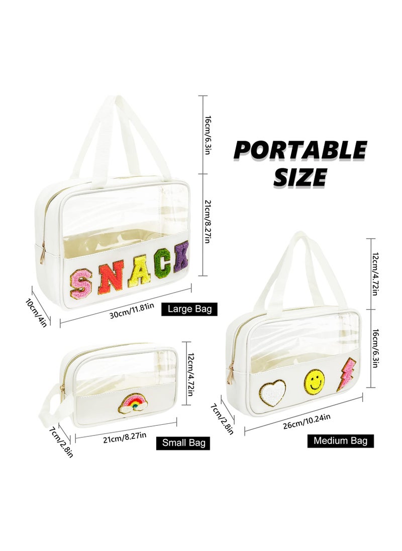 Chenille Patch Snack Bags, Clear Reusable Zipper Waterproof Storage Bags, Letter Patch Leather Snacks Organizer for Travel, School, Office, Airport White