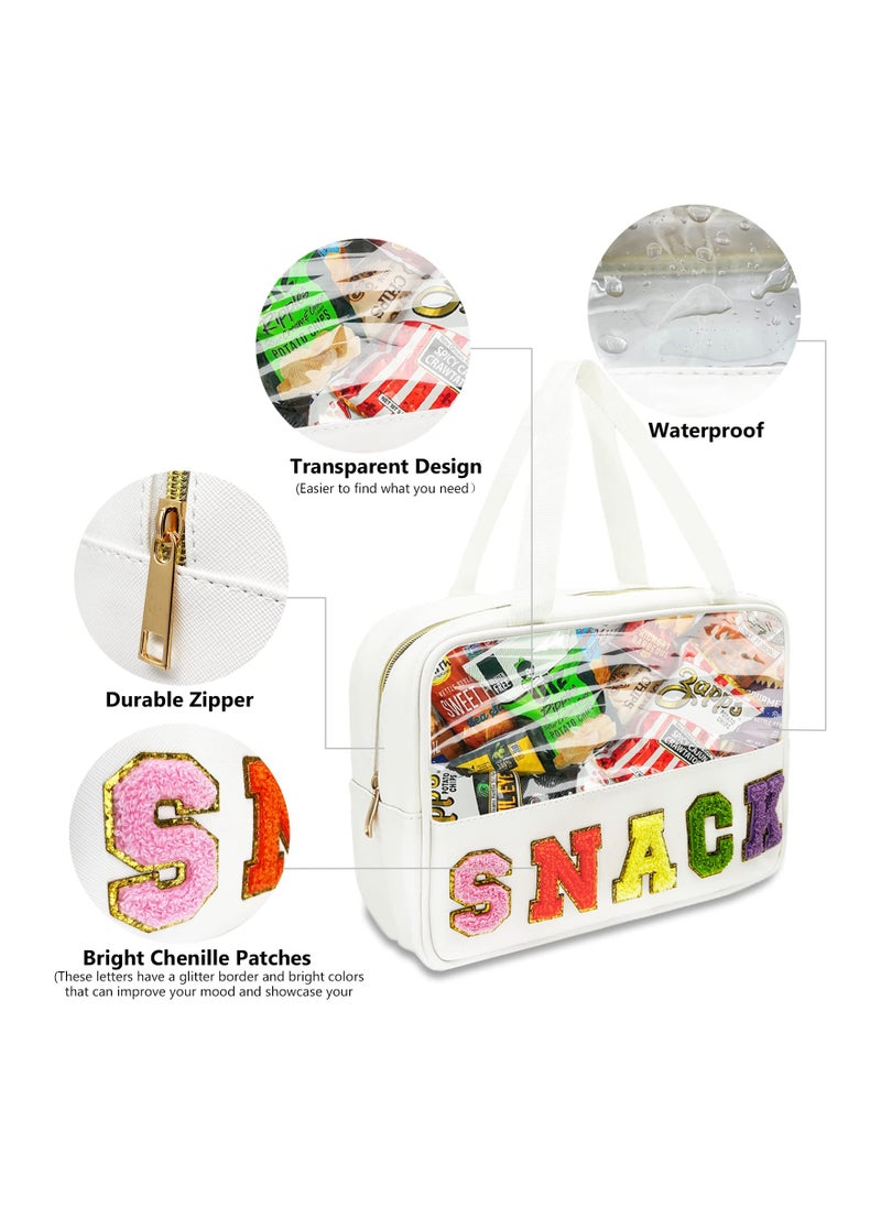 Chenille Patch Snack Bags, Clear Reusable Zipper Waterproof Storage Bags, Letter Patch Leather Snacks Organizer for Travel, School, Office, Airport White