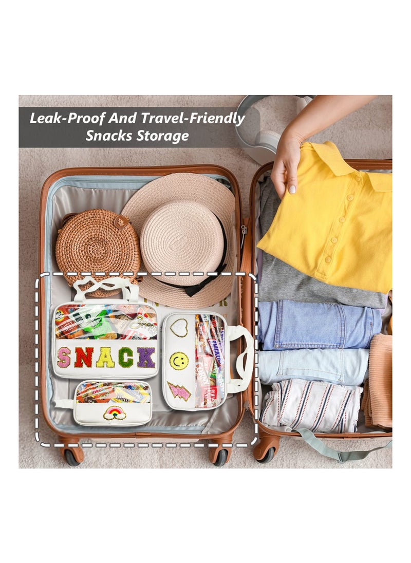 Chenille Patch Snack Bags, Clear Reusable Zipper Waterproof Storage Bags, Letter Patch Leather Snacks Organizer for Travel, School, Office, Airport White