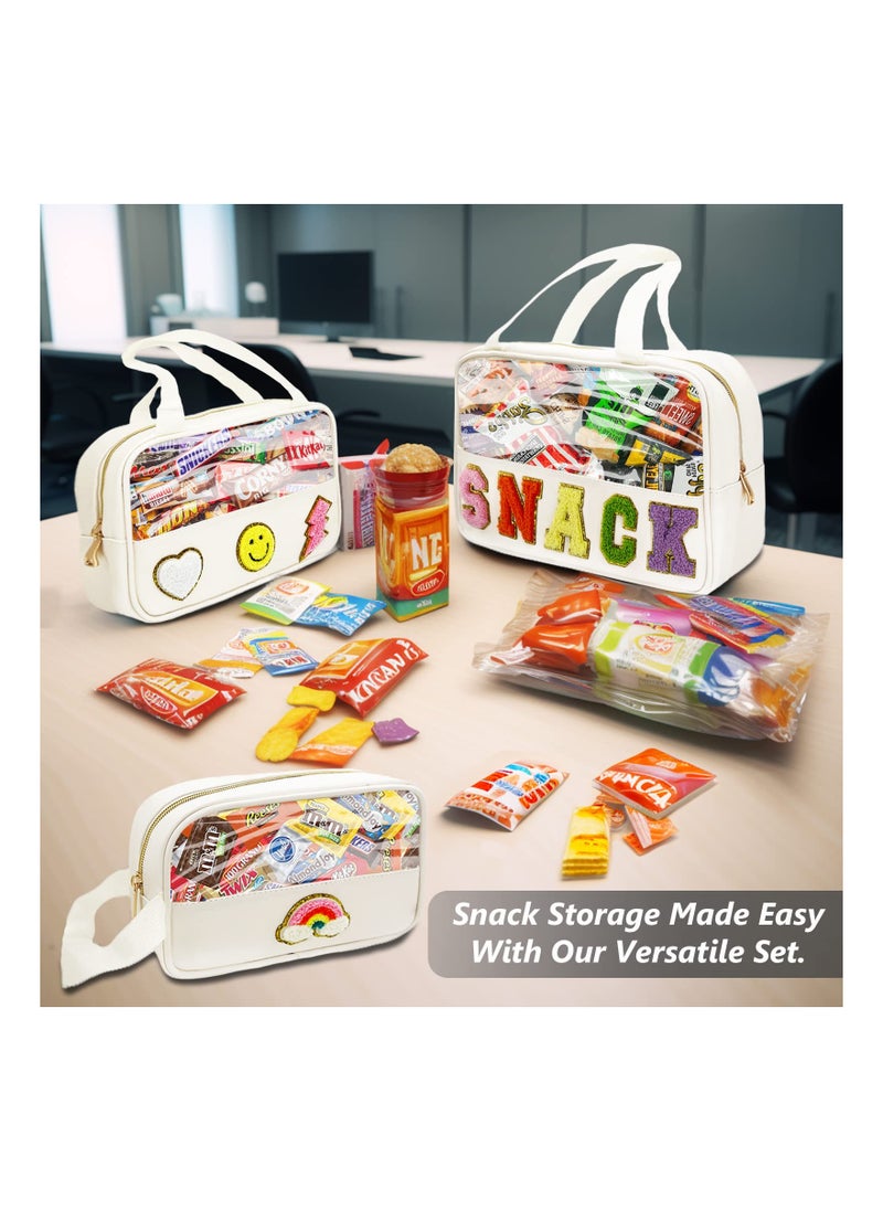 Chenille Patch Snack Bags, Clear Reusable Zipper Waterproof Storage Bags, Letter Patch Leather Snacks Organizer for Travel, School, Office, Airport White
