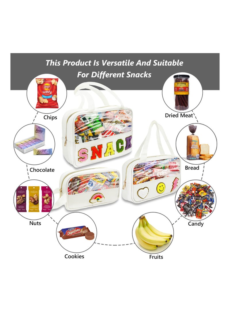 Chenille Patch Snack Bags, Clear Reusable Zipper Waterproof Storage Bags, Letter Patch Leather Snacks Organizer for Travel, School, Office, Airport White