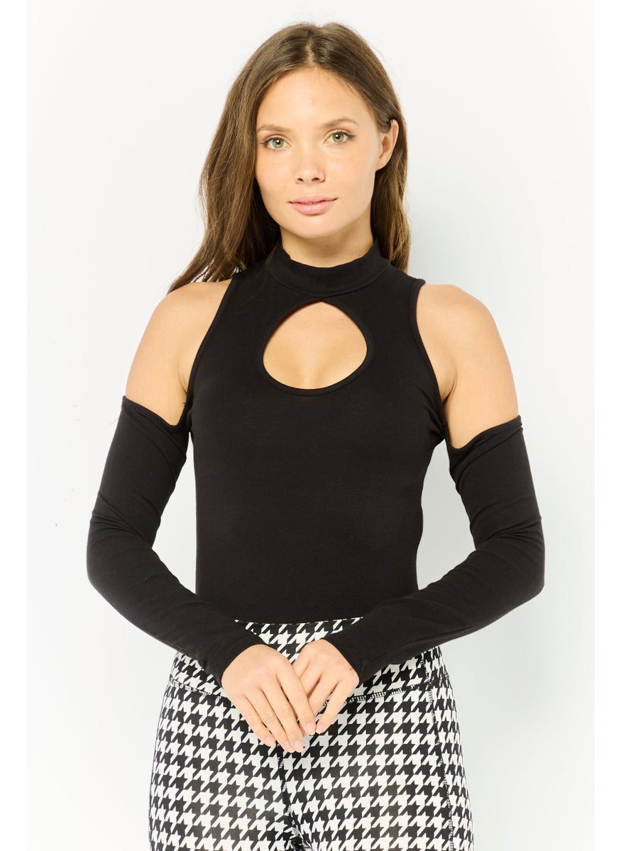 Don't Call Me Jennyfer Women Mock Neck Solid Cold Shoulder Bodysuits, Black  - Image 1