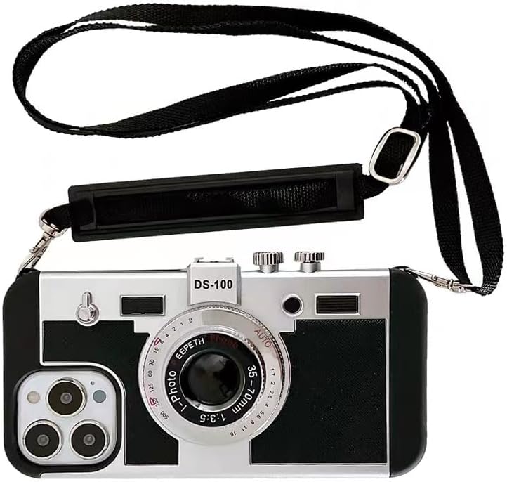 QoKcoahn 3D Vintage Camera Phone Case with Long Lanyard - Unique Cool Silicone PC Shockproof Crossbody Protective Case for iPhone 14- Black - Image 1