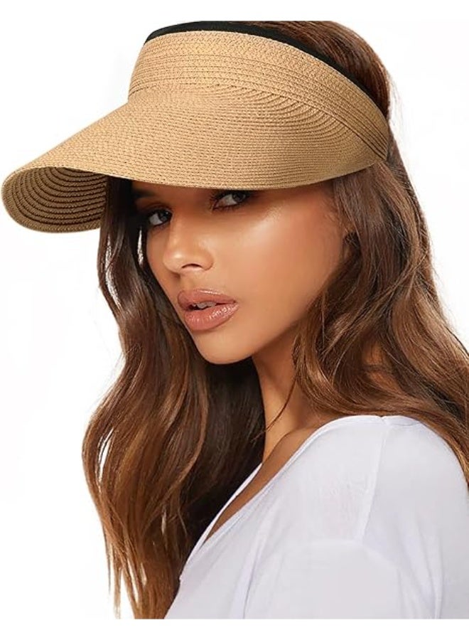 Women's Sun Visor Hat Straw Sun Visors for Women, Khaki, One size - Image 1