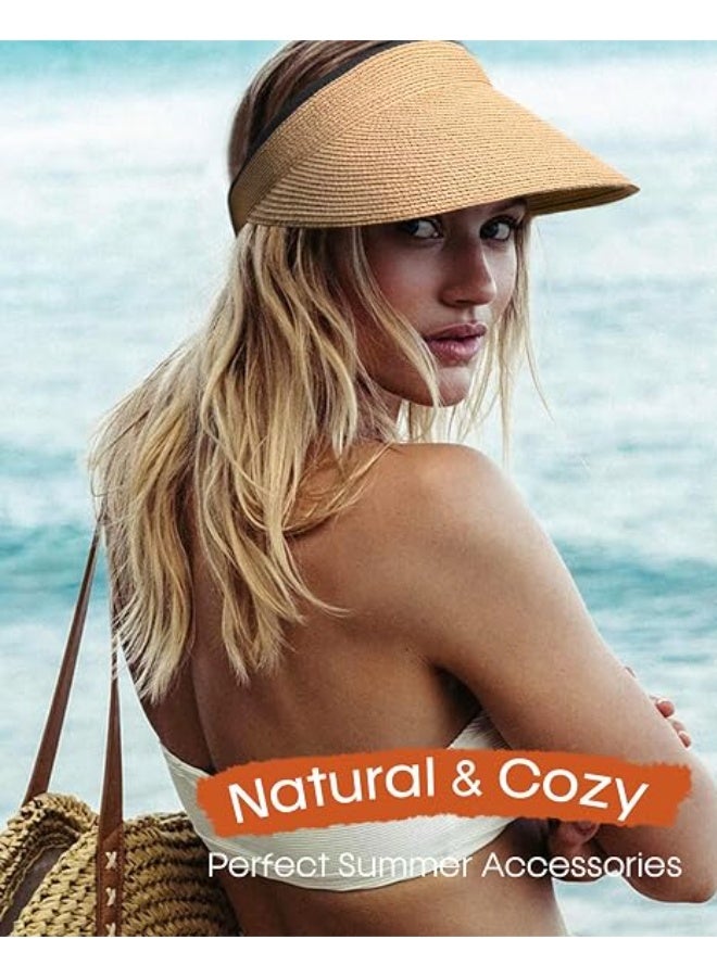 Women's Sun Visor Hat Straw Sun Visors for Women, Khaki, One size - Image 5