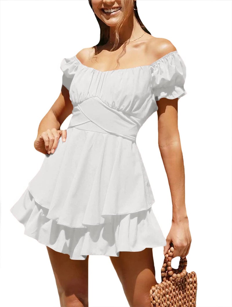 LYANER Women's Tie Back Off Shoulder Wrap Layer Ruffle Short Sleeve Mini Dress White X-Small - Image 4